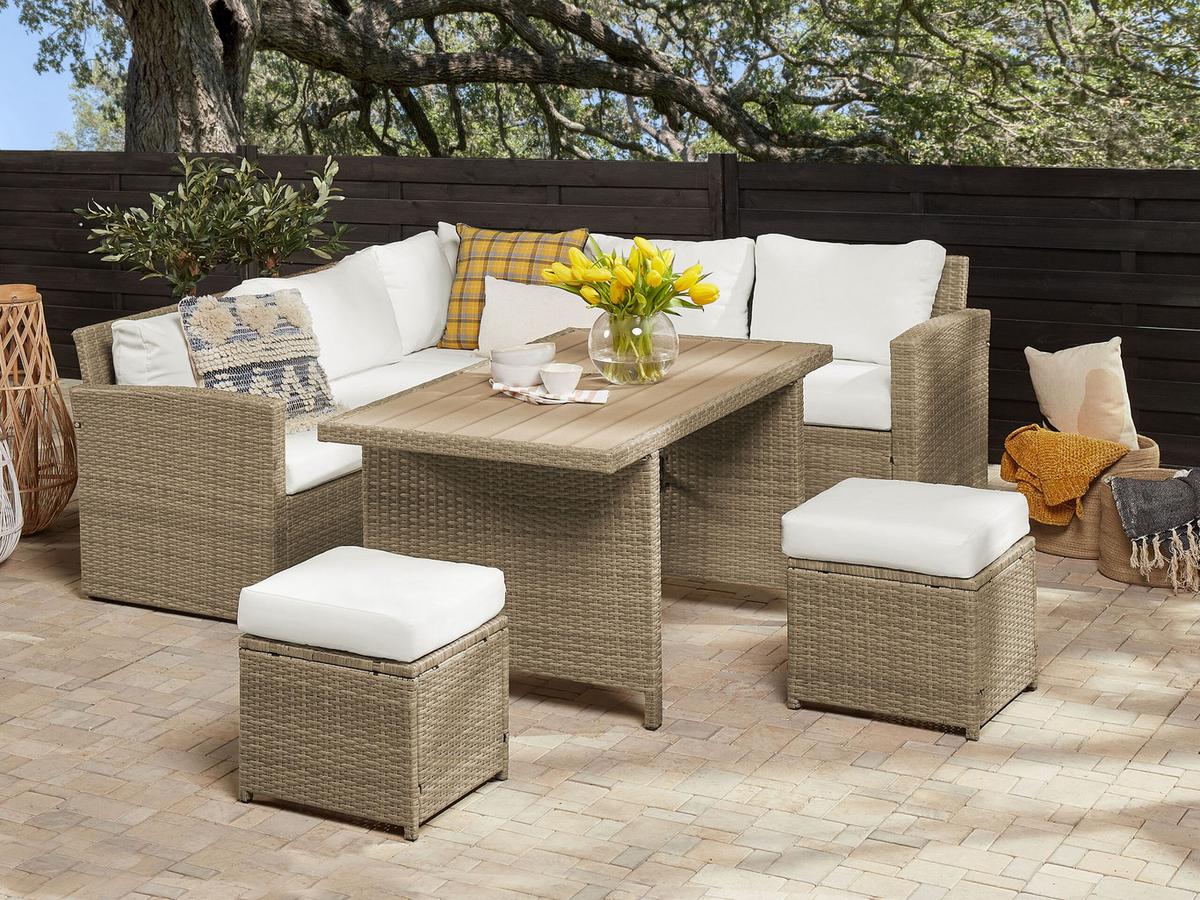 LOUNGE SET 5-Sitzer Rattan Auflagen weiß Bardi - Weiß/Braun, Kunststoff - Beliani