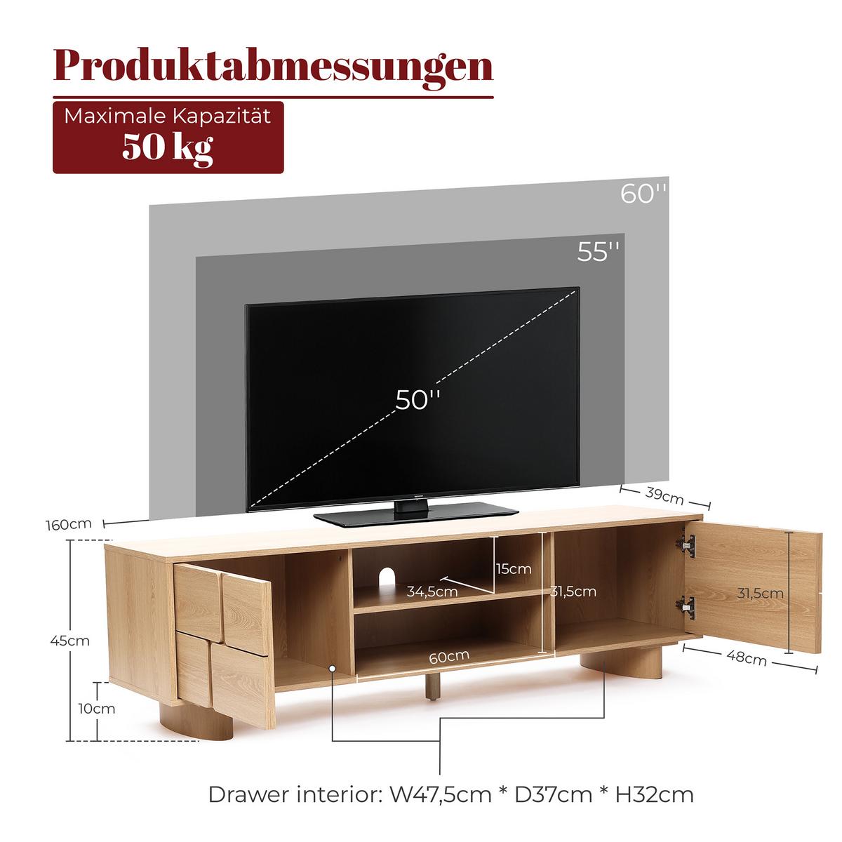 TV Lowboard, Holzwerkstoff | B160 x T39 x H45 cm - Eichefarben, Holzwerkstoff (160/45/39cm) - Hometopia