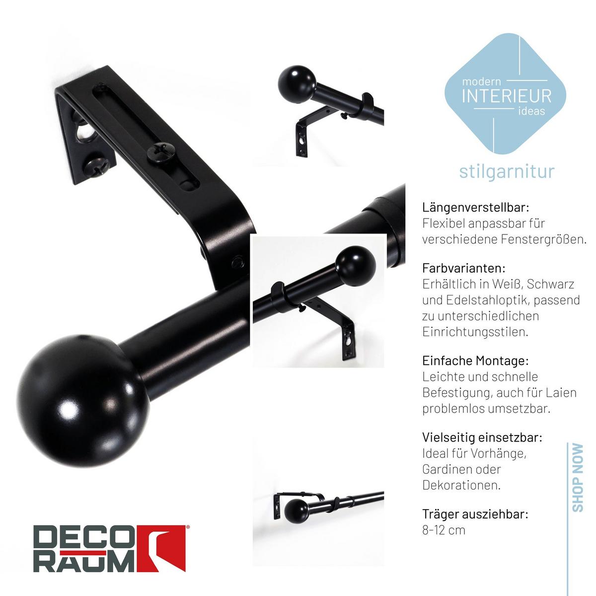GARDINENSTANGE ausziehbar 120-210cm 1-Lauf Flexa Kugel - Schwarz, Metall (120cm) - Deco-Raum