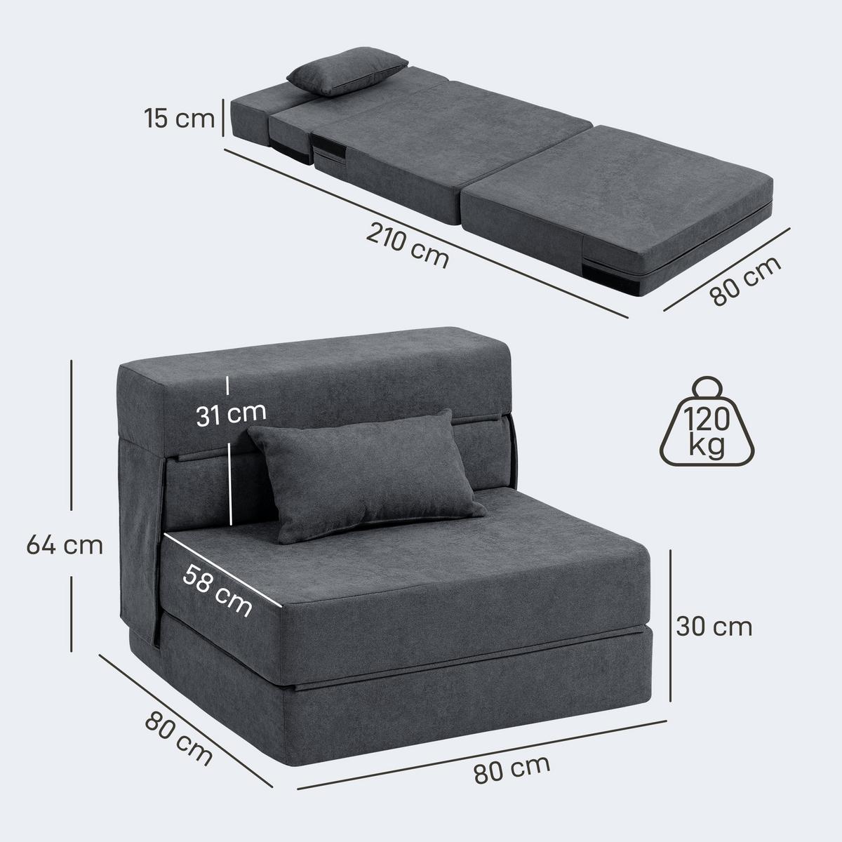 3 in 1 Schlafsessel, klappbares Schlafsofa mit Bettfunktion, Lendenkissen, Grau - Dunkelgrau, Kunststoff (80/15/210cm) - HOMCOM