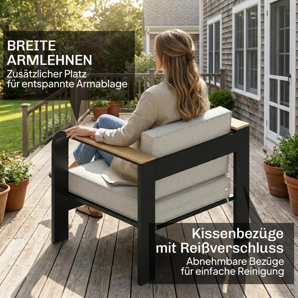 GARTENMÖBEL-SET 4er Set Aluminium WPC Beige - Beige/Teakfarben, Textil/Metall - Outsunny