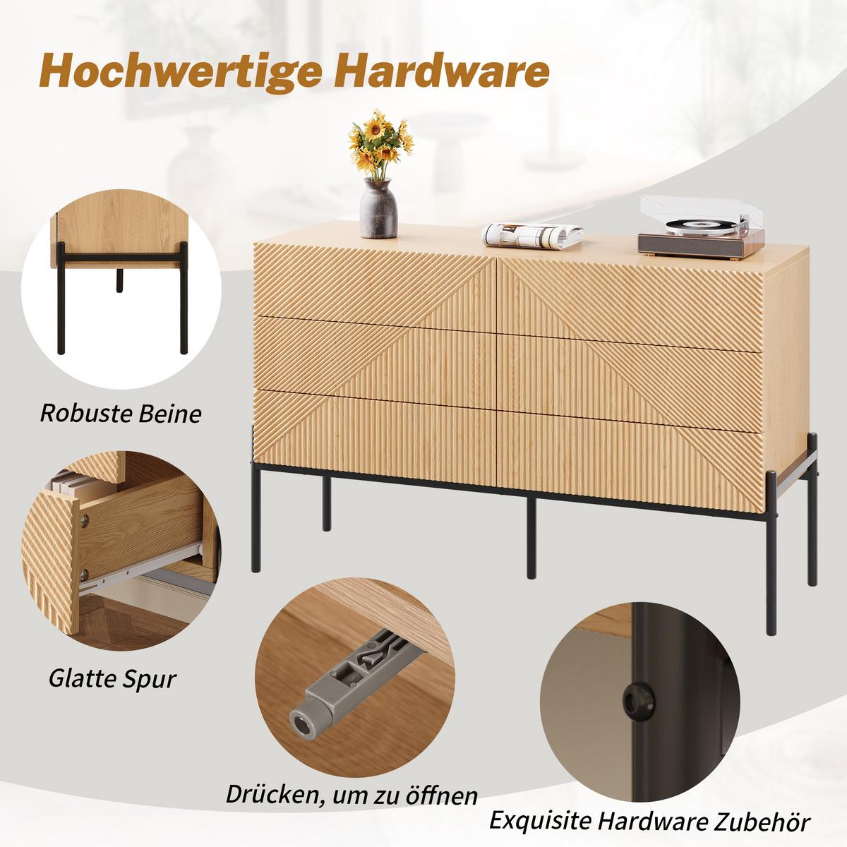 SIDEBOARD natur 3D struktur 6 schubladen 115cm - Naturfarben, Holzwerkstoff (115.5/75/38cm) - Urban Meuble