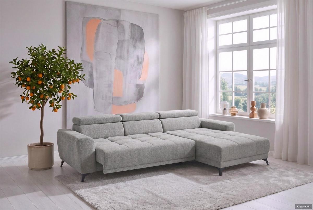 ECKSOFA mit elektrischer Sitztiefenverstellung, Kopflehnen verstellbar, USB-A und USB-C Ladefunktion B299/T200/H107 cm, Chenille Hellgrau / 15420 - Hellgrau/Schwarz, Holzwerkstoff/Textil (299/200cm) - luma-home