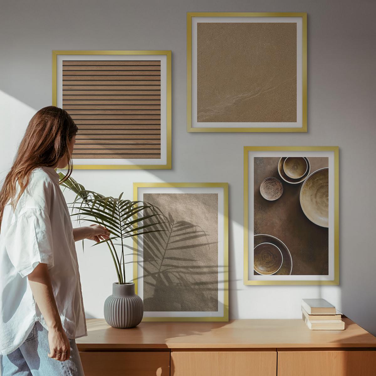 BILDER SET 4er Set - 50x50 cm & 40x60 cm Goldrahmen - Moderne Steinstrukturen - Goldfarben, Kunststoff (50/50cm) - TULUP