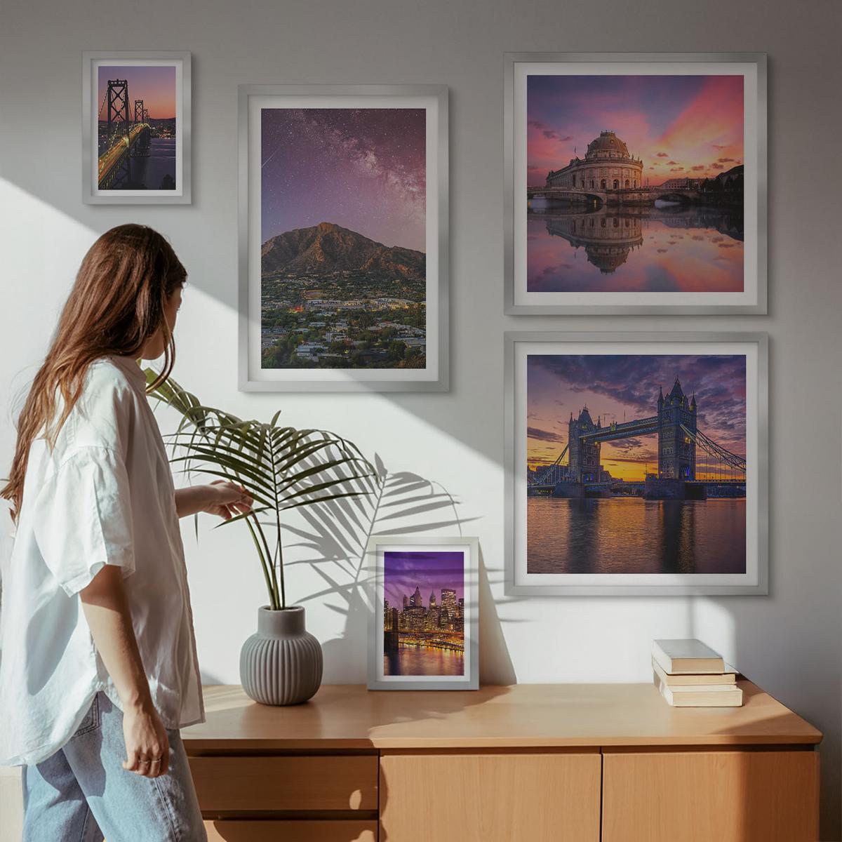 BILDER SET 5er Set - 50x50 cm & 20x30 cm & 40x60 cm Silberner Rahmen - Brücken, Sonne, Stadtblick - Silberfarben, Kunststoff (40/60cm) - TULUP