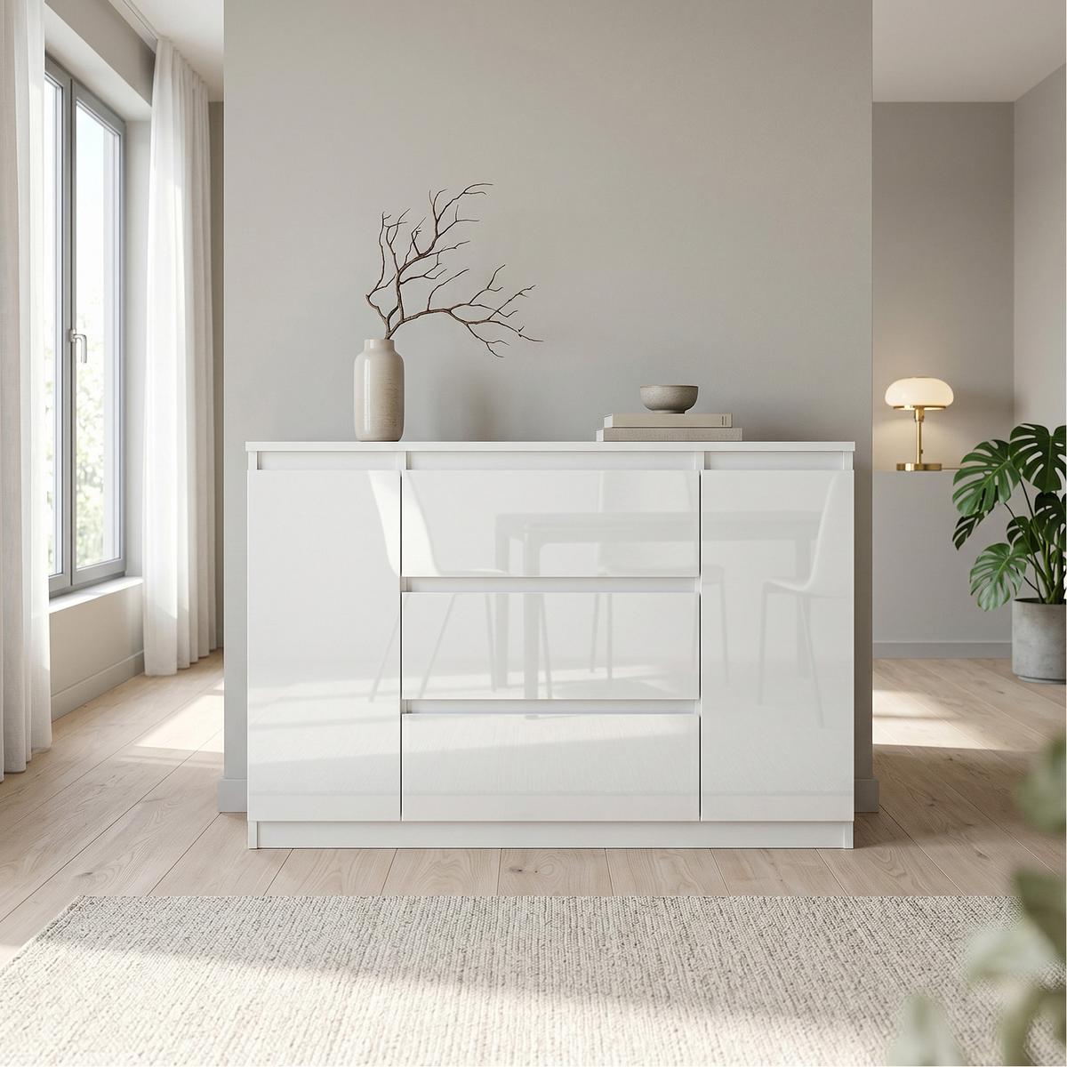 KOMMODE NUDO 120/78,5/39cm mit 3 Schubladen 2 Türen Weiß - Weiß Hochglanz/Weiß, Holzwerkstoff (120/78.5/39cm) - MASSENO