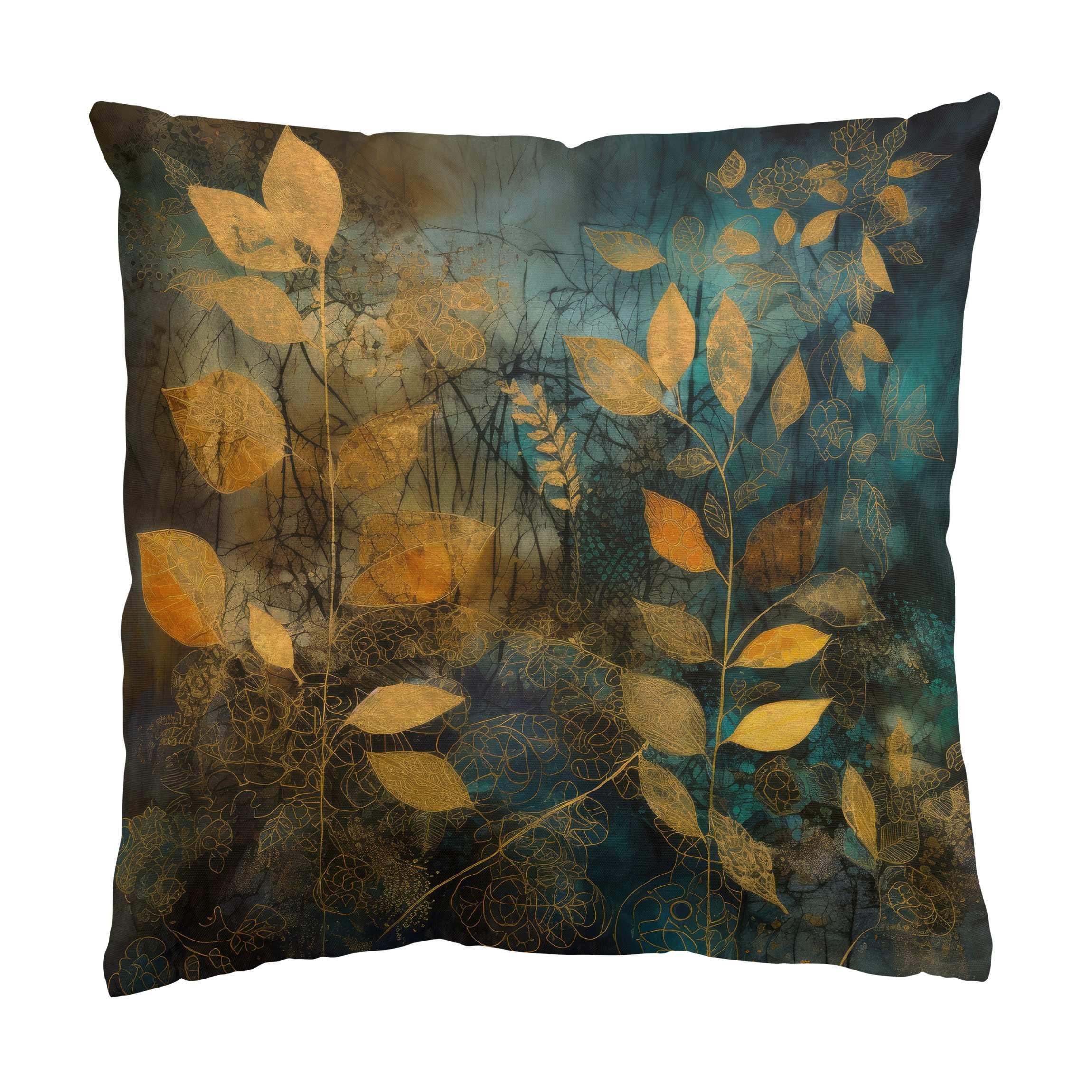 DEKOKISSEN Goldene Blätter auf Blau 50/50 cm - Goldfarben, Textil (50/50/10cm) - Bilderwelten