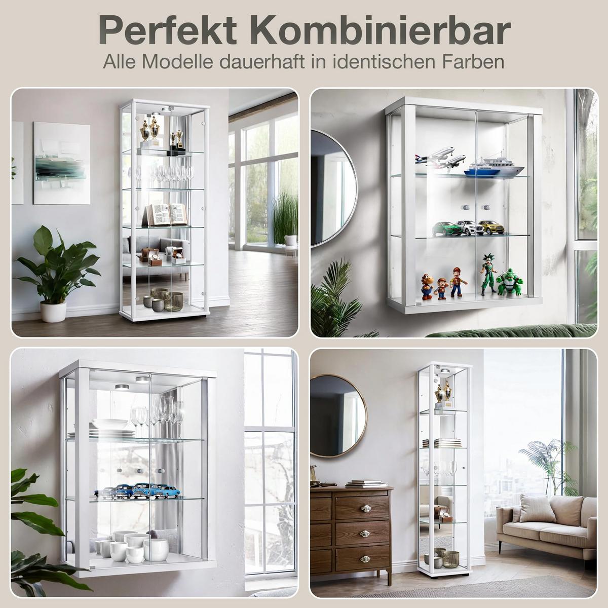 ECKVITRINE 56,5/56,5/176 cm mit Spiegel, LED & Schloss - Transparent/Silberfarben, Glas/Holzwerkstoff (56.5/176/56.5cm) - K-Möbel