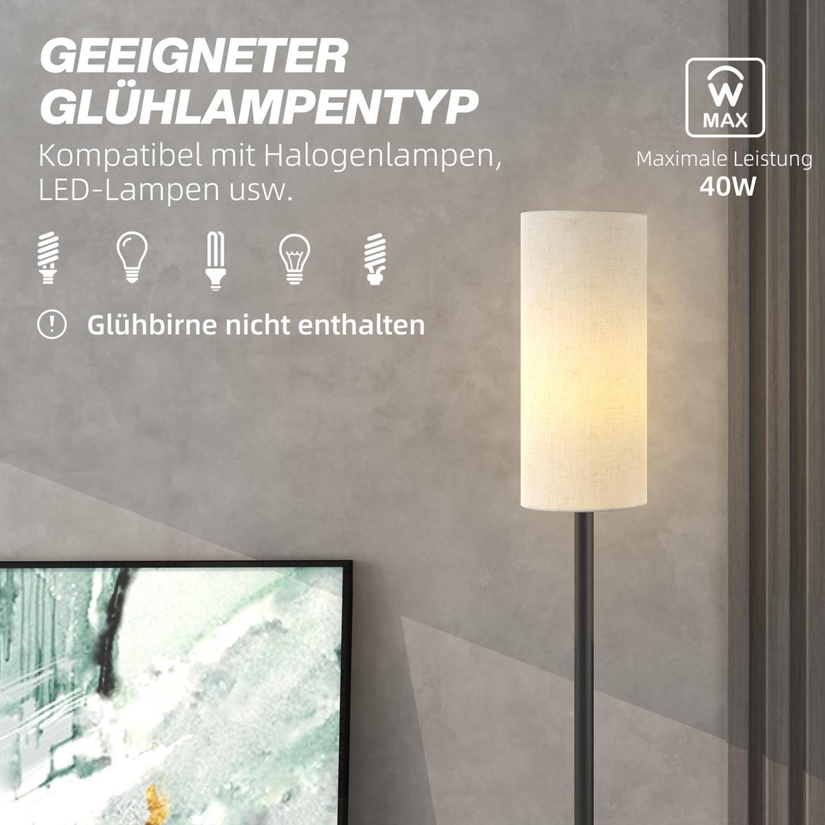 STEHLAMPE, Stehleuchte mit Lampenschirm aus Stoff, E27 Fassung Weiß - Schwarz, Metall (22/22/163cm) - HOMCOM