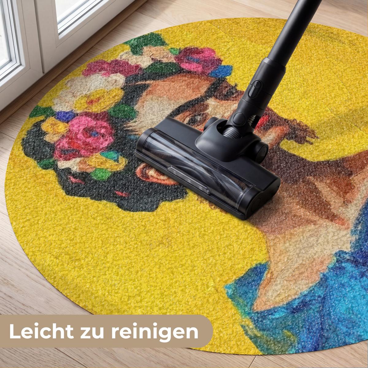 FUSSMATTE Frida Kahlo - Frau - Gelb - Blau - Blumen Schmutzfangmatte 90x90 cm - Gelb, Kunststoff (90/0.4cm) - MuchoWow