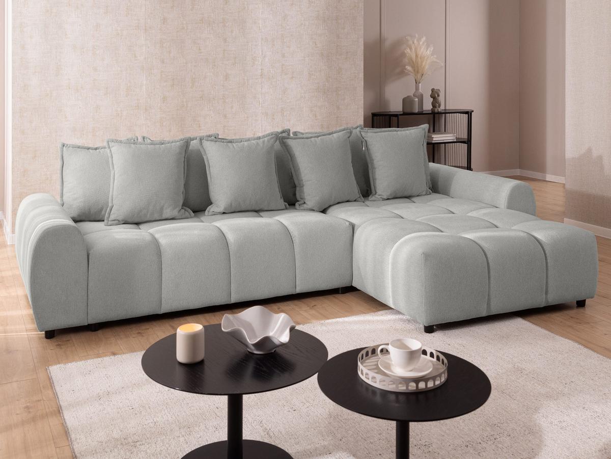 ECKSOFA Bubble mit losen Rückenkissen und Sitzfläche in Bubble-Optik aus weichem Hellgrau Strukturstoff mit schöner Sitzkomfort - Ottomane rechts - Hellgrau/Schwarz, Holz/Kunststoff (306/180cm) - S-Style Möbel