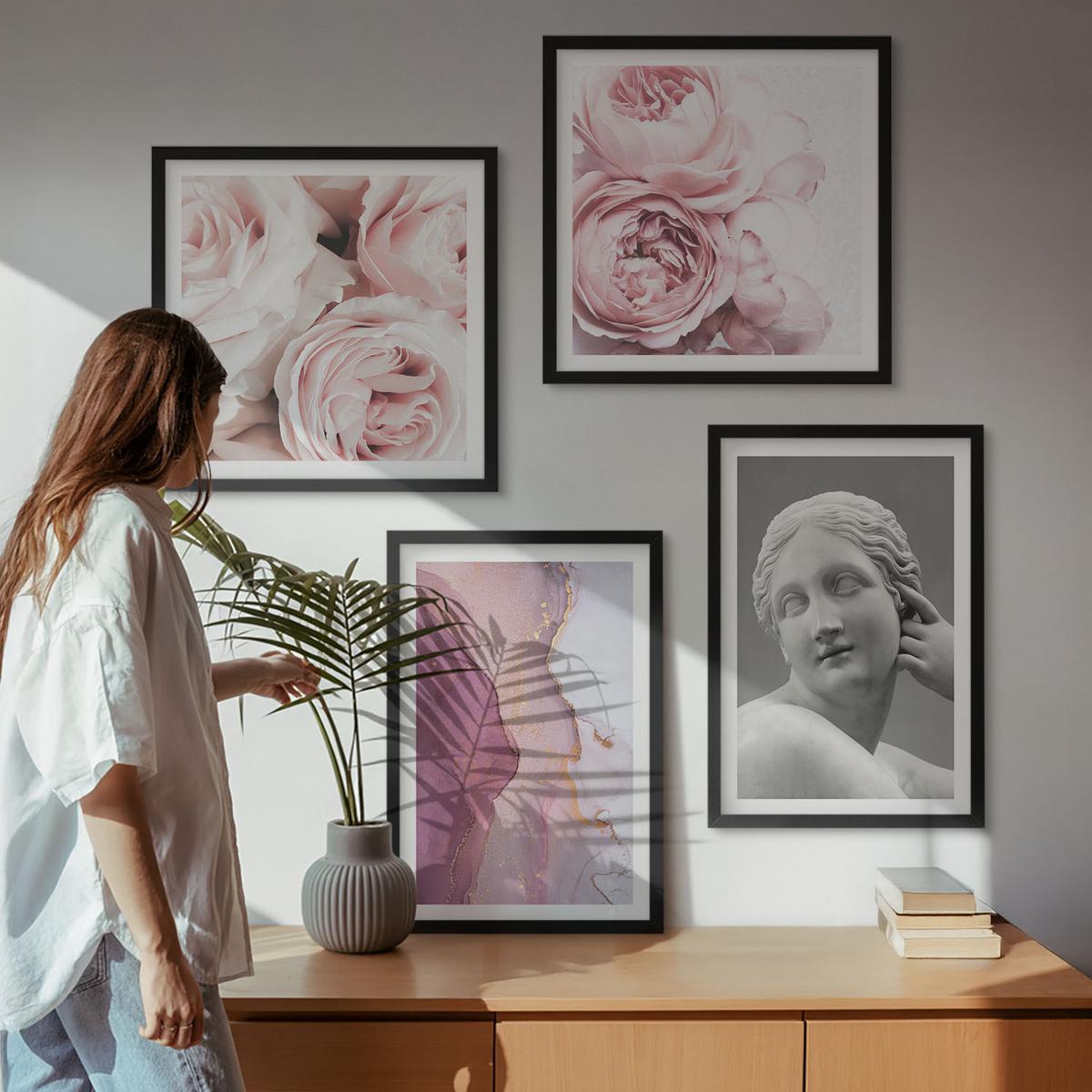 BILDER SET 4er Set - 50x50 cm & 40x60 cm Schwarzer Rahmen - Pfingstrosenskulptur einer Frau - Schwarz, Kunststoff (50/50cm) - TULUP