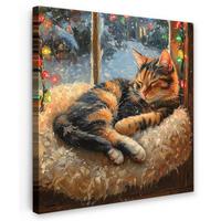 LEINWANDBILD Katze - Weihnachten - Winter - Tier Deko Groß 90x90 cm - Bernsteinfarben, Textil (90/90cm) - MuchoWow