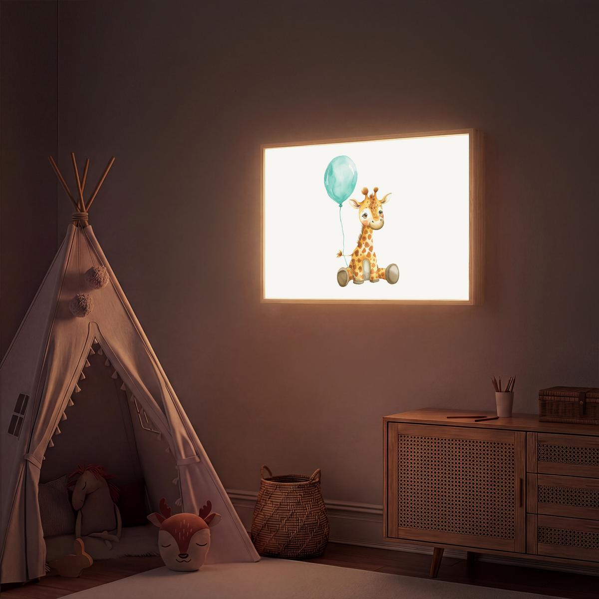 WANDLEUCHTE MIT AKKU Giraffe - Baby - Tiere - Blauer Ballon 100x70 cm - Weiß, Holzwerkstoff (100/70/8cm) - OnlyWow