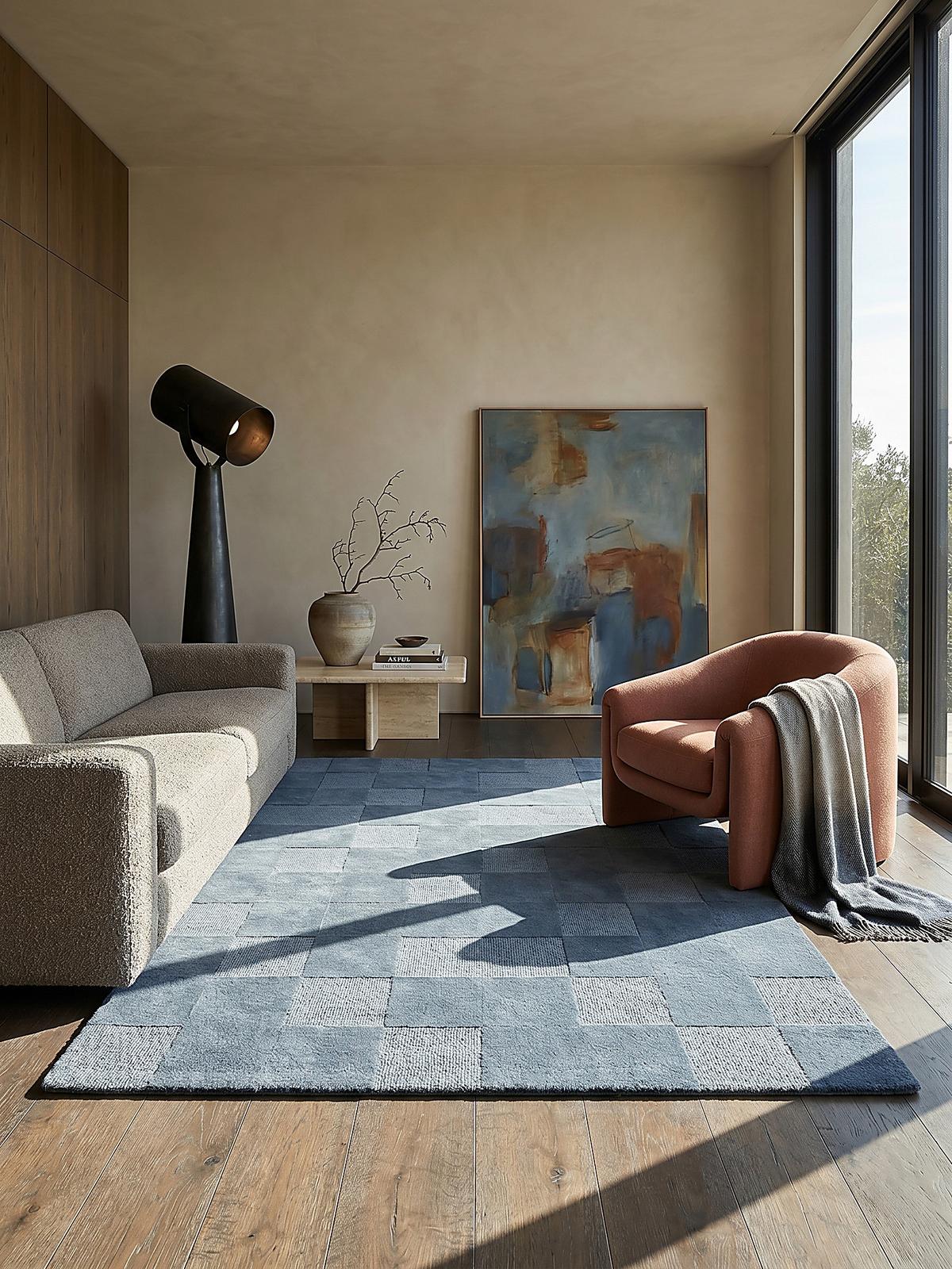WOLLTEPPICH DEBEN, mit Schachbrettmuster, Blau, 120 x 170 cm - Blau, Textil (170/120cm) - KADIMA DESIGN