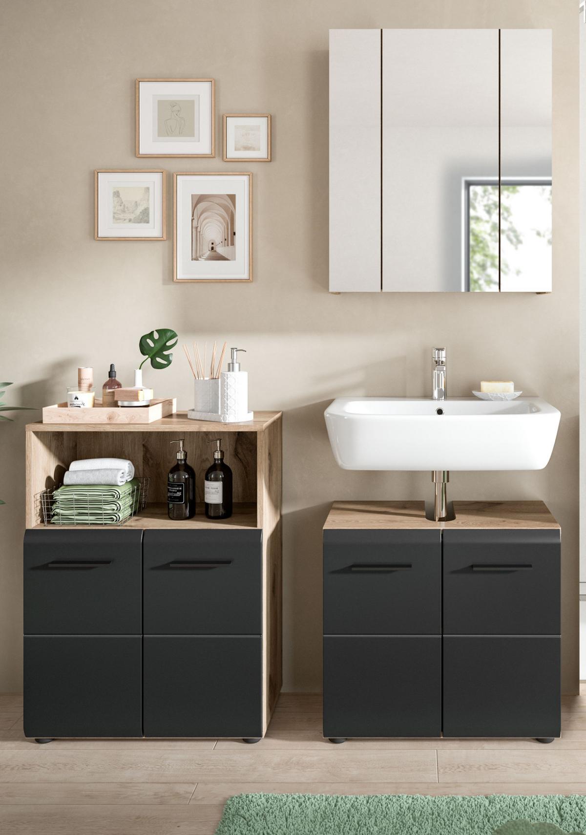 BADMÖBEL-SET 3-teilig schwarz matt, Eiche Nox, Badezimmer Set 135 x 185 cm - Eichefarben/Schwarz, Glas/Holzwerkstoff (135/185/30cm) - Inn.Furn