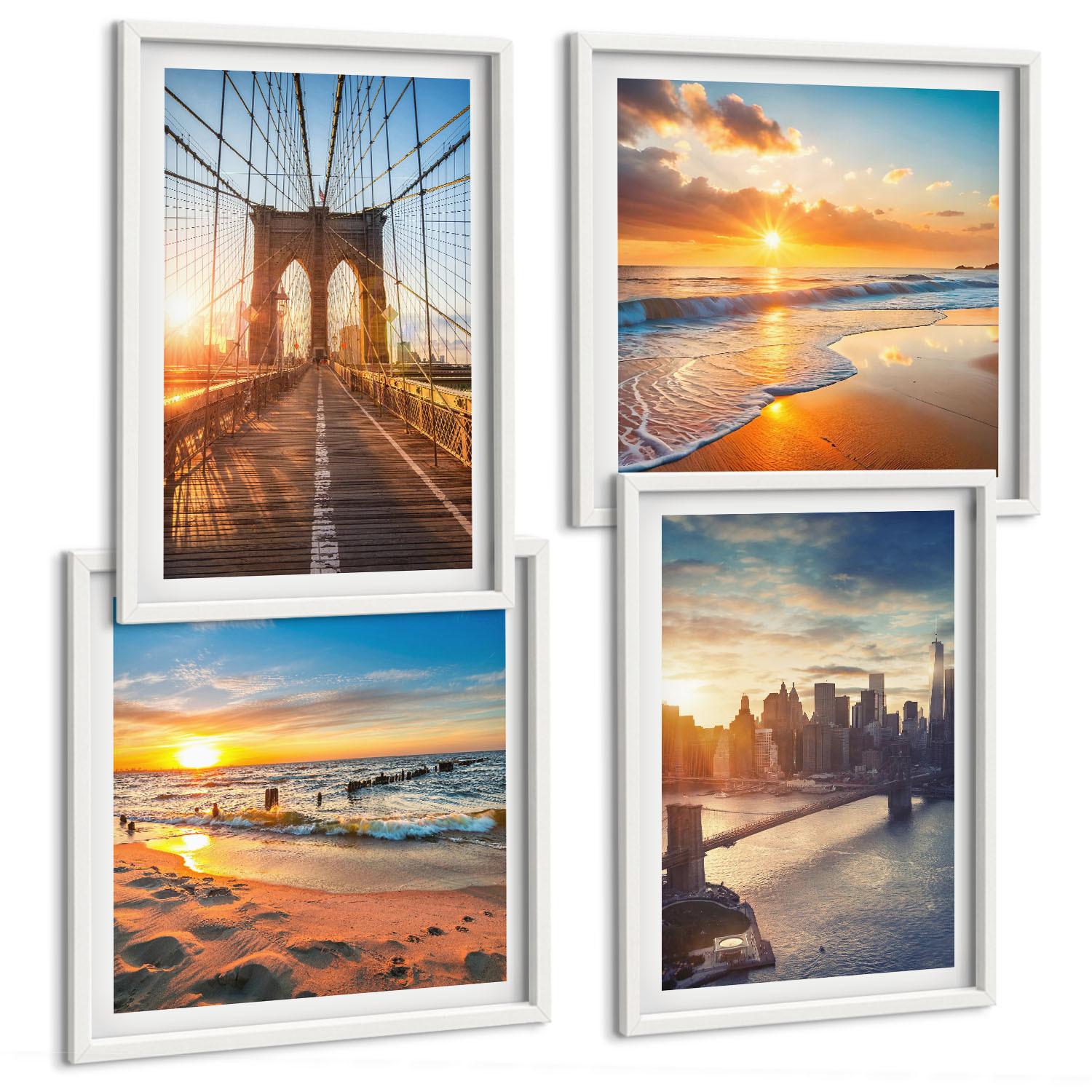 BILDER SET 4er Set - 50x50 cm & 40x60 cm Weißer Rahmen - Brücken, Sonnenuntergänge, Stadt - Weiß, Kunststoff (50/50cm) - TULUP