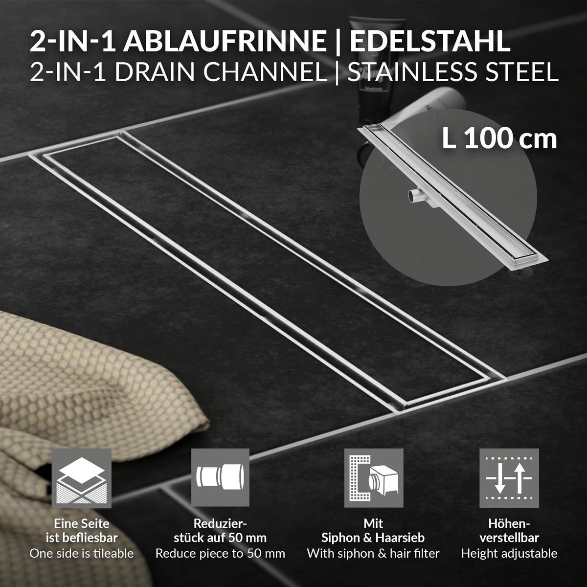 DUSCHRINNE 100cm - Silberfarben, Metall (13.9/7.8/104cm) - LuxeBath