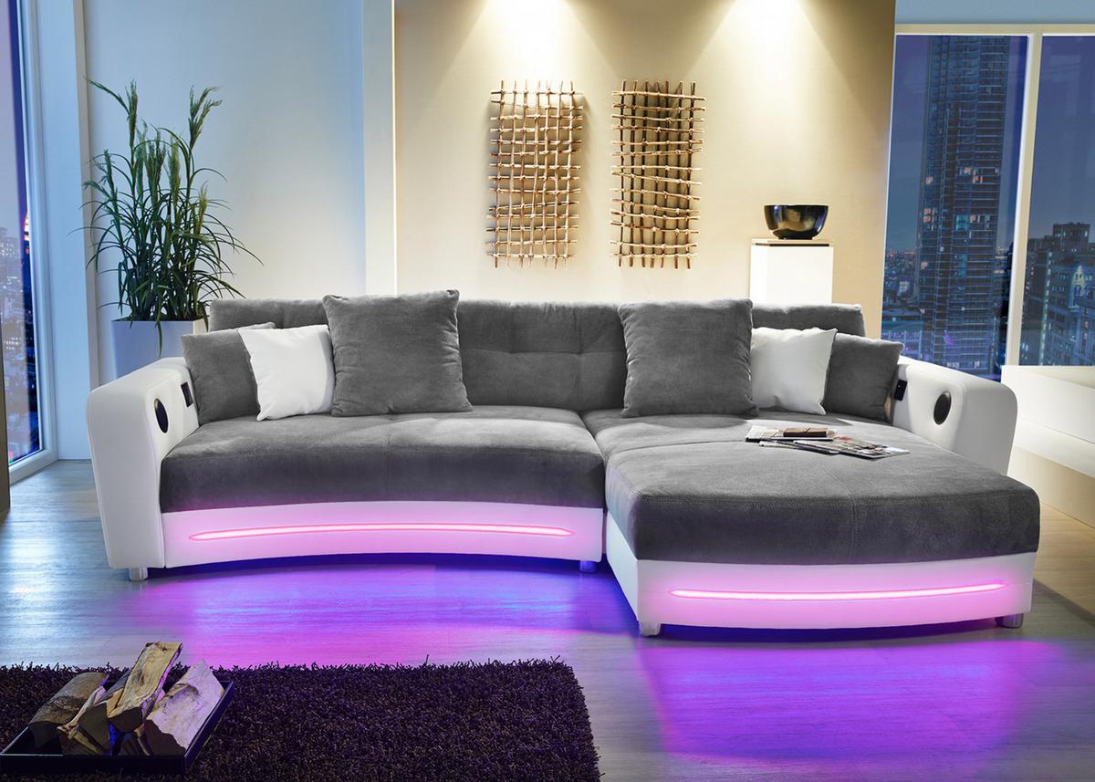 MULTIMEDIA-ECKSOFA Soundsystem RGB-LED Beleuchtung Bluetooth USB AUX-in, seitenverkehrt montierbar B322/T190/H88cm, Kunstleder Weiß-Mikrof.Grau/15410 - Chromfarben/Weiß, Kunststoff/Textil (322/88/190cm) - luma-home