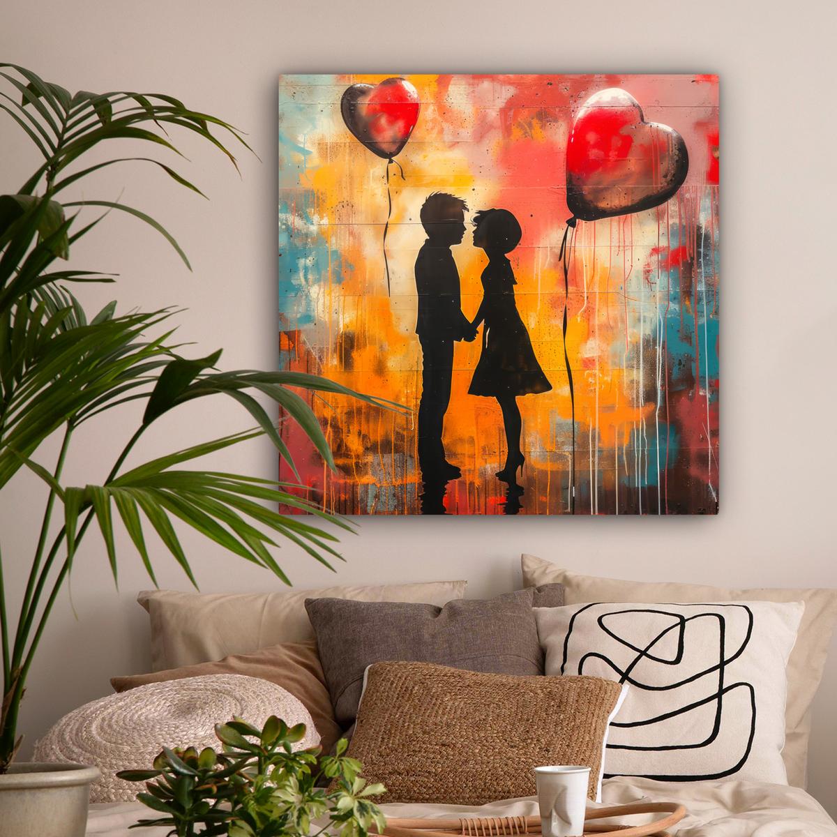 LEINWANDBILD Straßenkunst - Liebe - Graffiti - Kunst - Banksy Deko Groß 90x90 cm - Orange, Textil (90/90cm) - MuchoWow