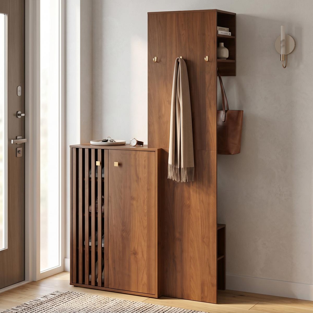 KOMPAKTGARDEROBE in Walnuss-Optik – mit Schuhschrank & Paneel - Walnussfarben, Holzwerkstoff (115/191.5/38.5cm) - Urban Meuble