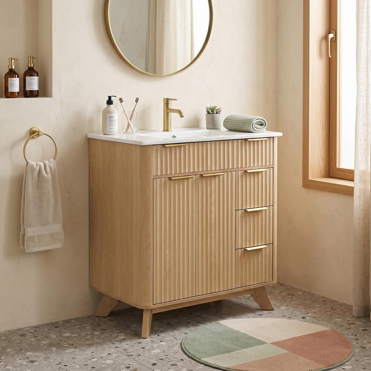 WASCHTISCHUNTERSCHRANK Holzoptik Wellenmuster 3 Schubladen & Doppeltüren - Naturfarben, Holzwerkstoff (81/90/47cm) - Urban Meuble
