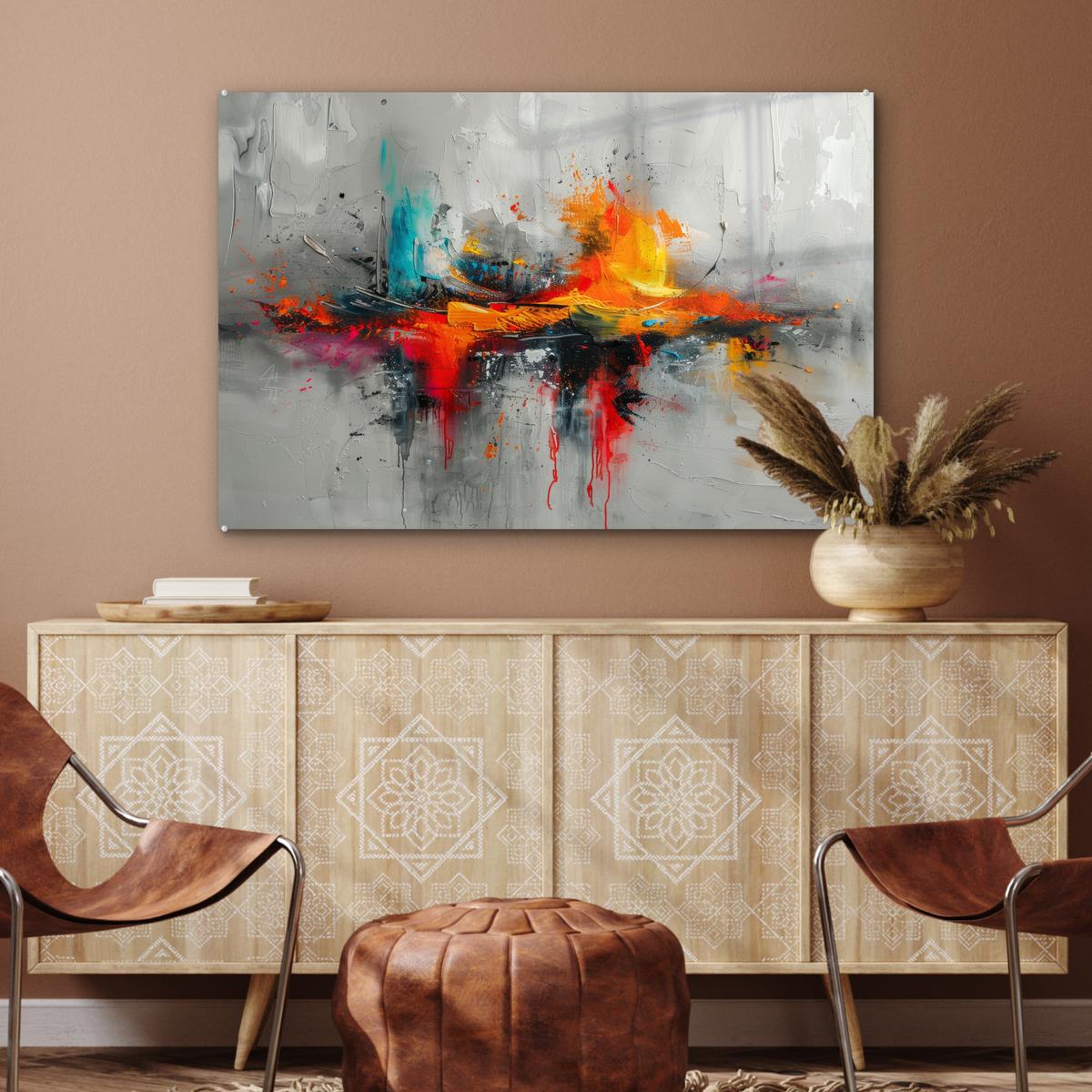 ACRYLGLASBILD Moderne Kunst - Orange - Grau - Abstrakt Wandbild Schlafzimmer 120x80 cm - Hellgrau, Glas (120/80cm) - MuchoWow