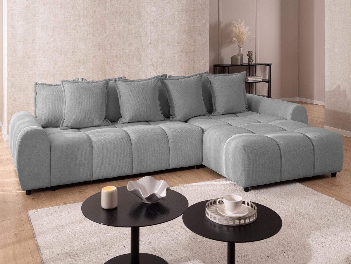 ECKSOFA Bubble mit losen Rückenkissen und Sitzfläche in Bubble-Optik aus weichem Grau Strukturstoff mit schöner Sitzkomfort - Ottomane rechts - Schwarz/Grau, Holz/Kunststoff (306/180cm) - S-Style Möbel