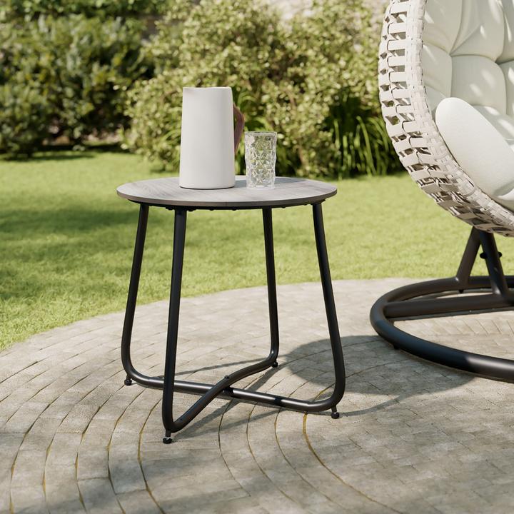 Runder Garten-Beistelltisch mit schwarzem Gestell und grauer Tischplatte