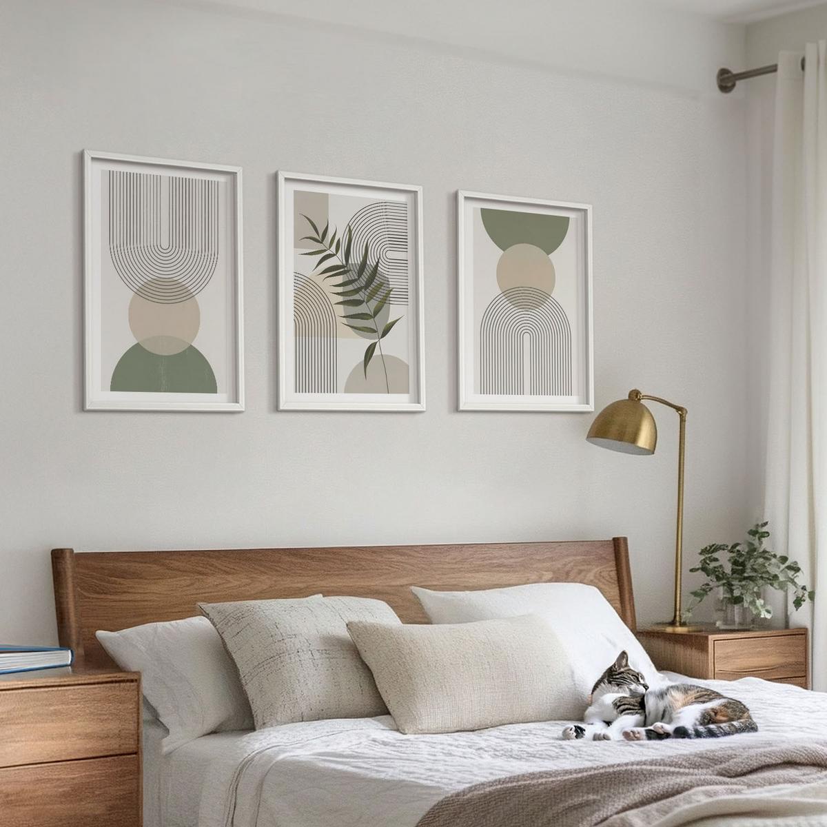 BILDER SET 3er Set - 40x60 cm Weißer Rahmen - Abstrakte Formen mit Grün - Weiß, Kunststoff (40/60cm) - TULUP