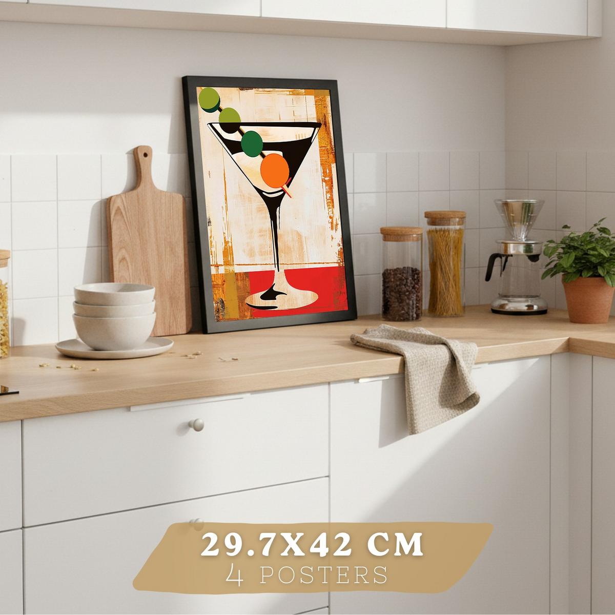 POSTER 4er Set Küchen-Wandbilder Vintage Katze Sardinen Martini Wein und Pasta Retro Esszimmer Bar Deko Schwarzer Rahmen A4 - Schwarz, Papier (29.7/1/21cm) - Nacnic