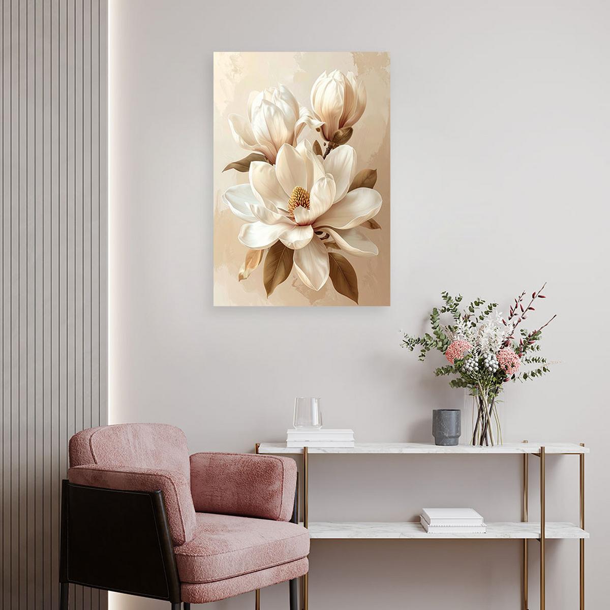 LEINWANDBILD, Cremefarbene Magnolien mit braunen Blättern in einem klassischen Stil - Beige, Textil (20/30cm) - Feeby
