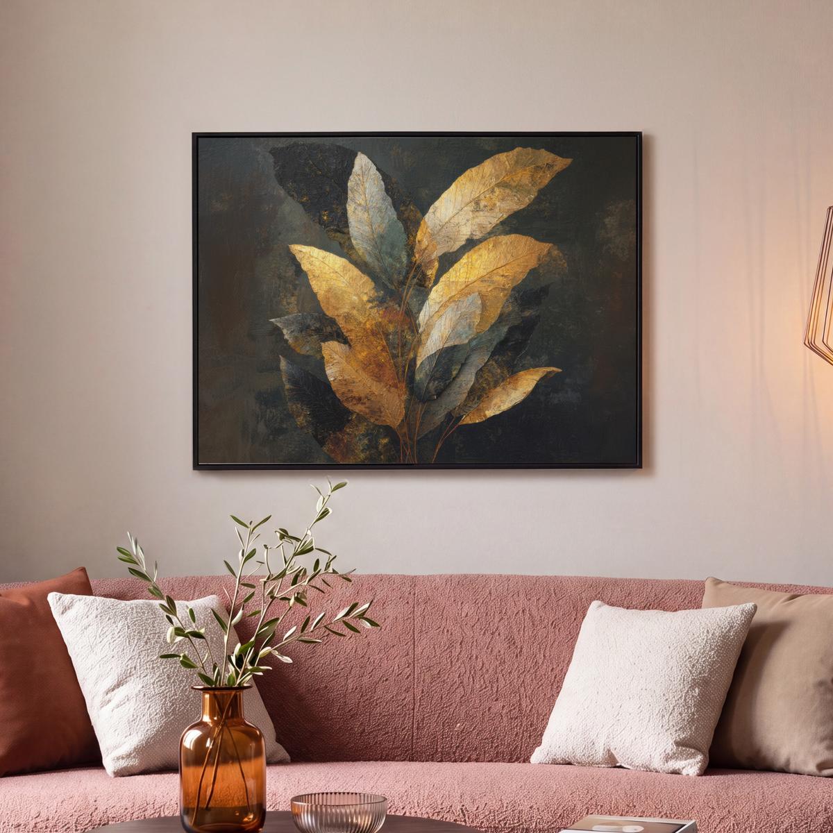 LEINWAND Bilder mit Rahmen - Golden Leaf Komposition - Botanical Luxury - 70x50 - Goldfarben, Textil (70/50cm) - MuchoWow