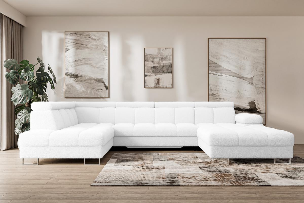 WOHNLANDSCHAFT mit Schlaffunktion und Bettkasten Ottomane Links COMA U 345x203x79 Weiß Bouclé - Weiß, Holzwerkstoff/Textil (345/79/203cm) - ALTDECOR