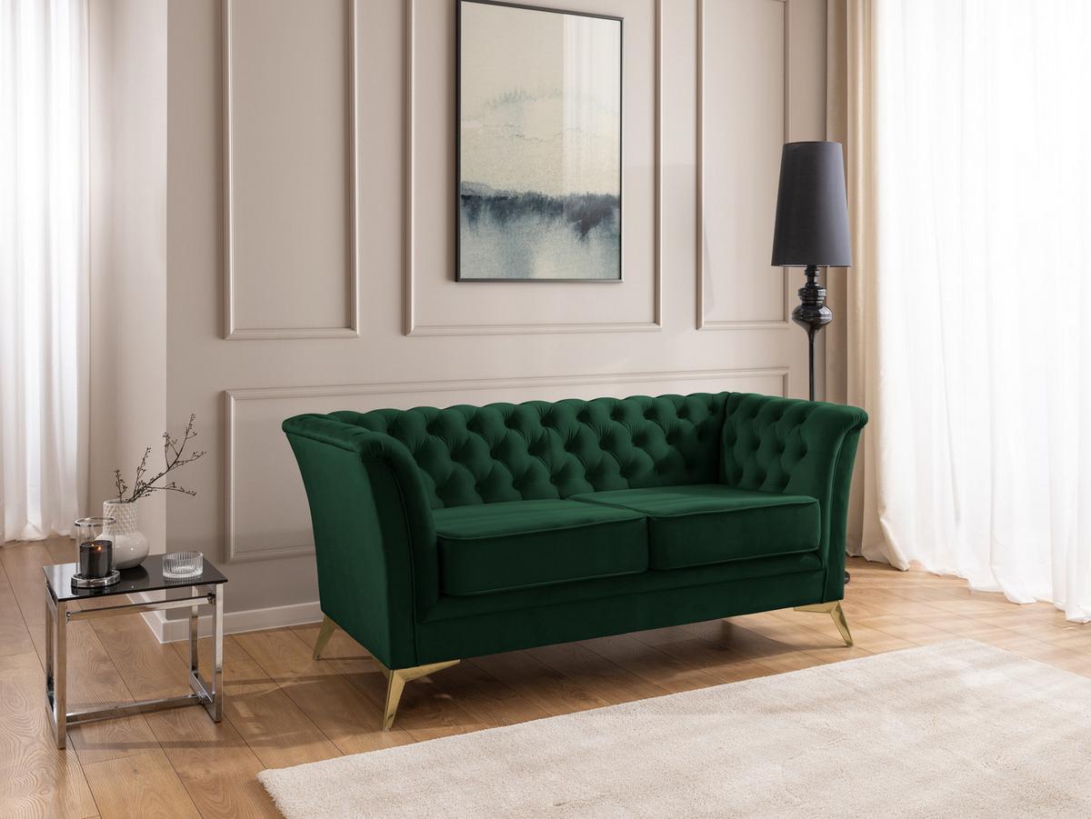 CHESTERFIELD-SOFA 2-sitzer Whitby Flaschengrün Samt mit goldenen Füßen - Dunkelgrün/Goldfarben, Holz/Textil (175/78/82cm) - S-Style Möbel