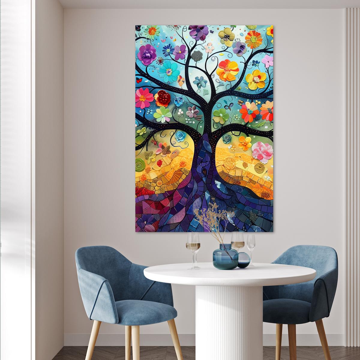 POSTER Kunst - Baum des Lebens - Blumen - Hippie Wandbild Schlafzimmer 80x120 cm - Dunkelblau, Papier (80/120/0.1cm) - MuchoWow
