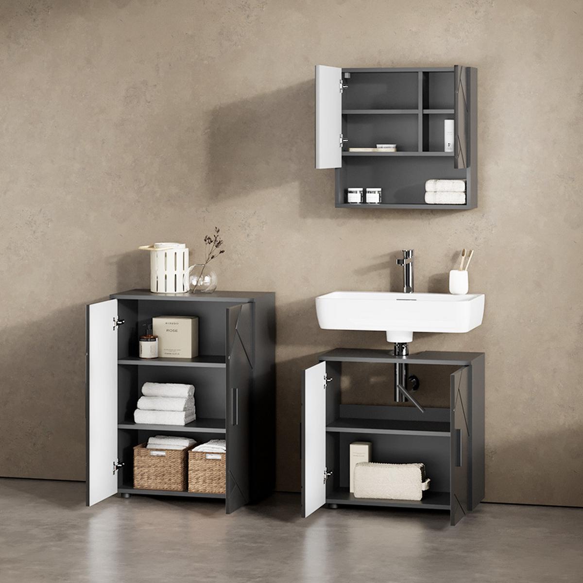 BADMÖBEL-SET Ronco Anthrazit Hochglanz 3 Teile, mit Unterschrank 60 cm - Schwarz Hochglanz, Holzwerkstoff (60/81/30cm) - Livinity®