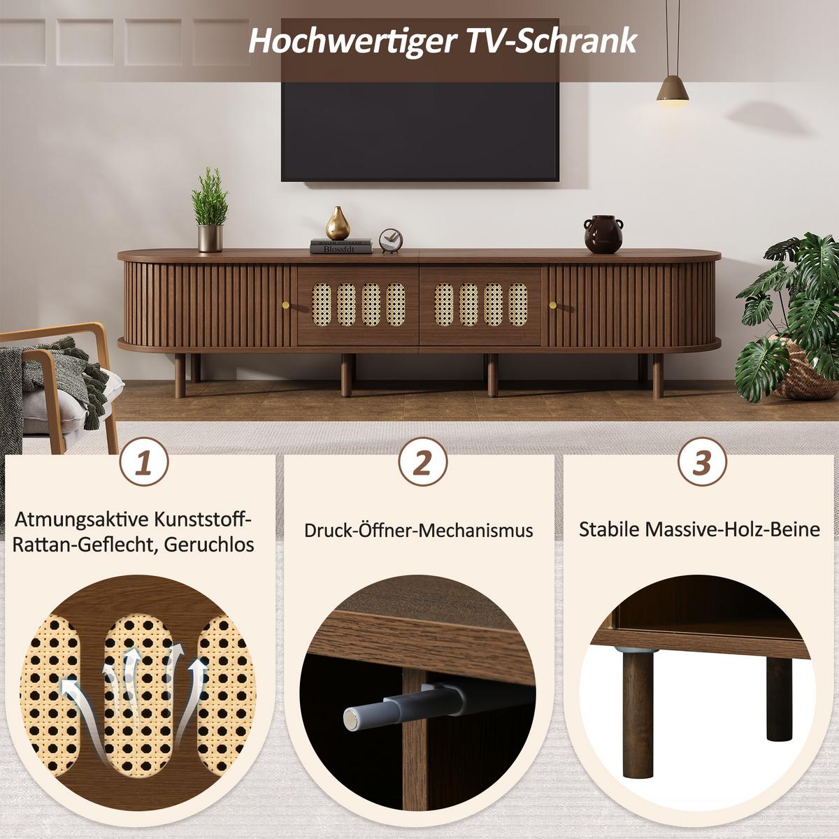 TV LOWBOARD walnuss rattan oval 180cm retro - Walnussfarben, Holzwerkstoff (180/40/40cm) - Urban Meuble