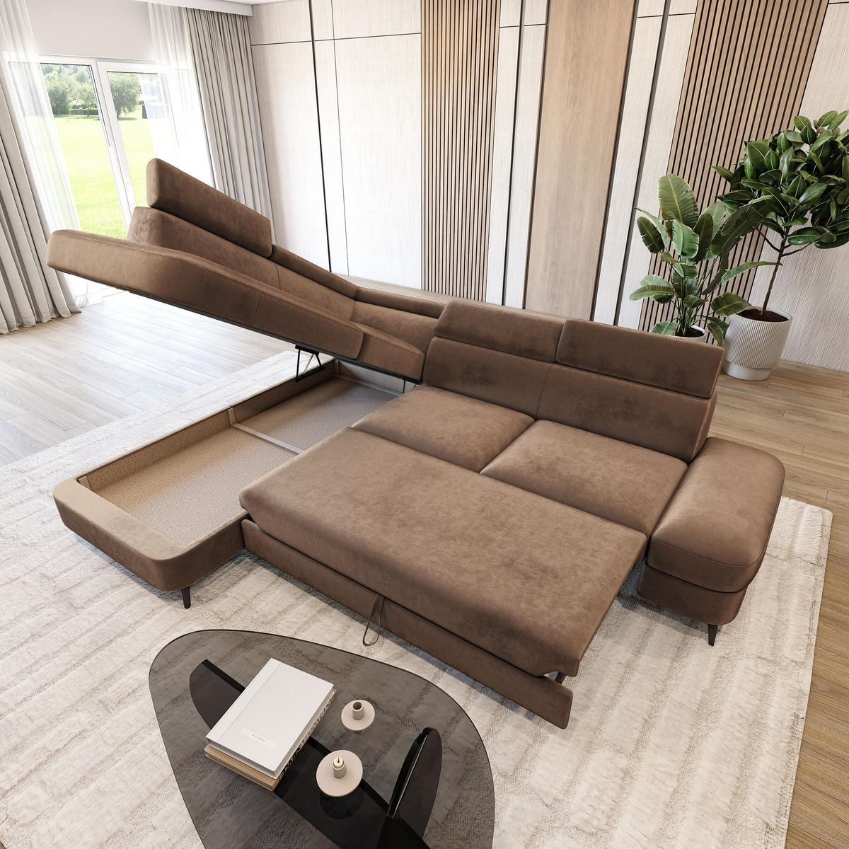 ECKSOFA AVISE M L-S Beige Velours-Stoff mit Schlaffunktion - Beige, Holzwerkstoff/Textil (268/195cm) - MASSENO