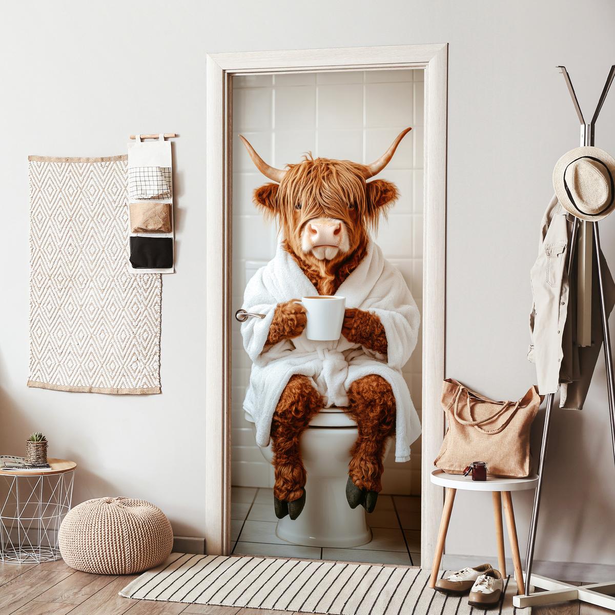 TÜRAUFKLEBER Schottischer Highlander - WC - Bademantel - Modern - Tiere 90x215 cm - Türtapete - Kastanienfarben, Kunststoff (90/0.1cm) - MuchoWow