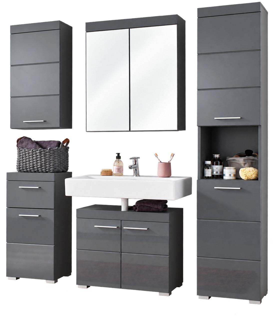 BADMÖBEL-SET grau Hochglanz 5-teilig 163 x 190 cm, Komplett-Set mit viel Stauraum - Grau, Glas/Holzwerkstoff (163/190/34cm) - Top.Furn