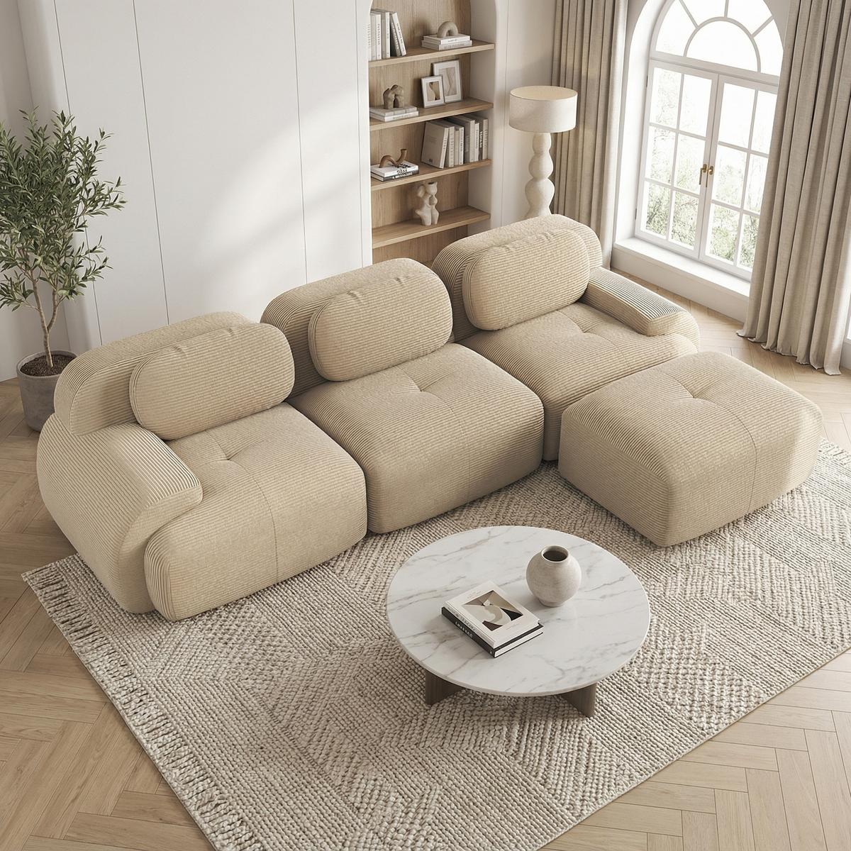 ECKSOFA 3-Sitzer in Premium-Cord Montagefrei & Rutschfest - Beige, Textil (298/178cm) - Urban Meuble