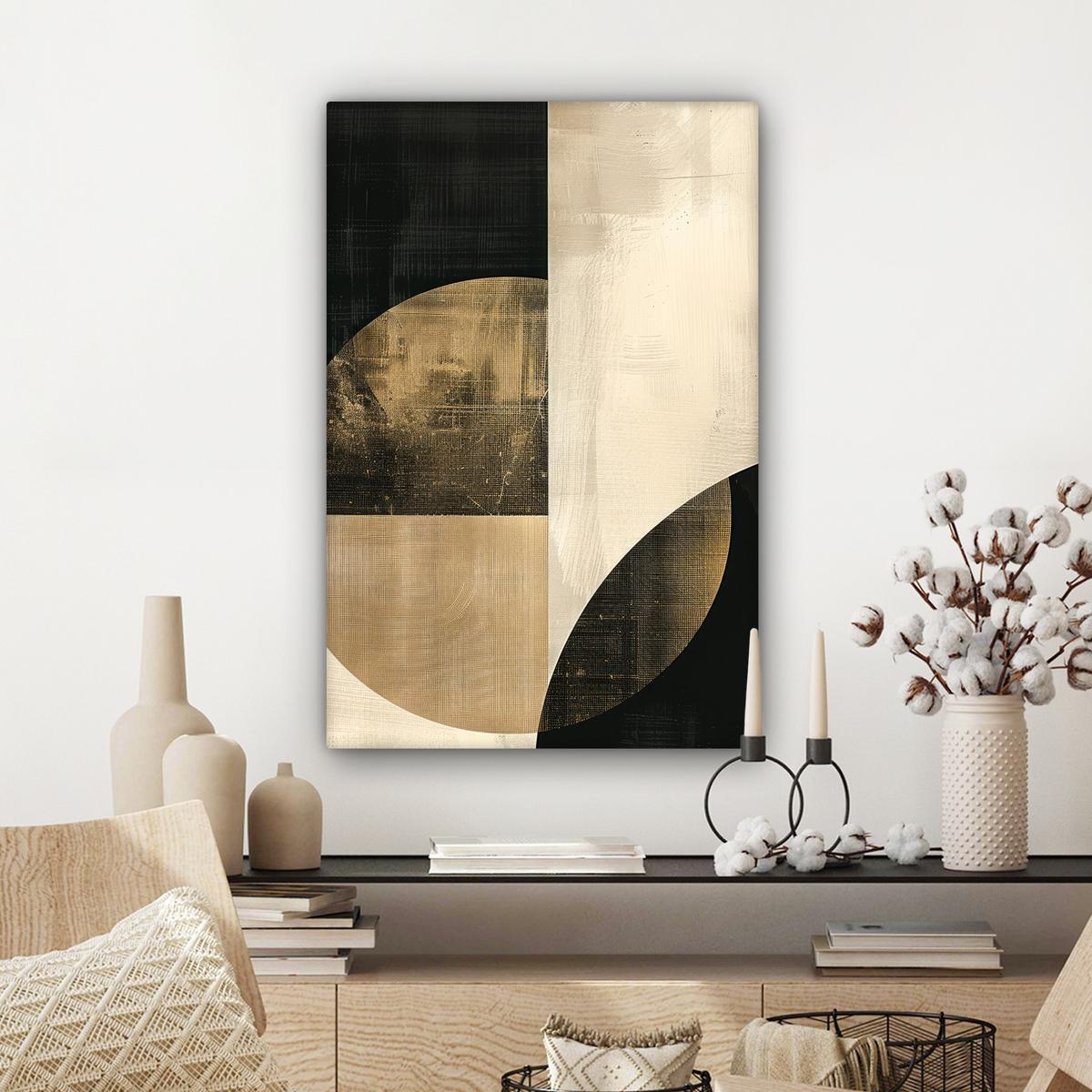 LEINWANDBILD Abstrakt - Geometrische Formen - Schwarz - Gold Wanddeko Schlafzimmer 60x90 cm - Ecru, Textil (60/90cm) - MuchoWow
