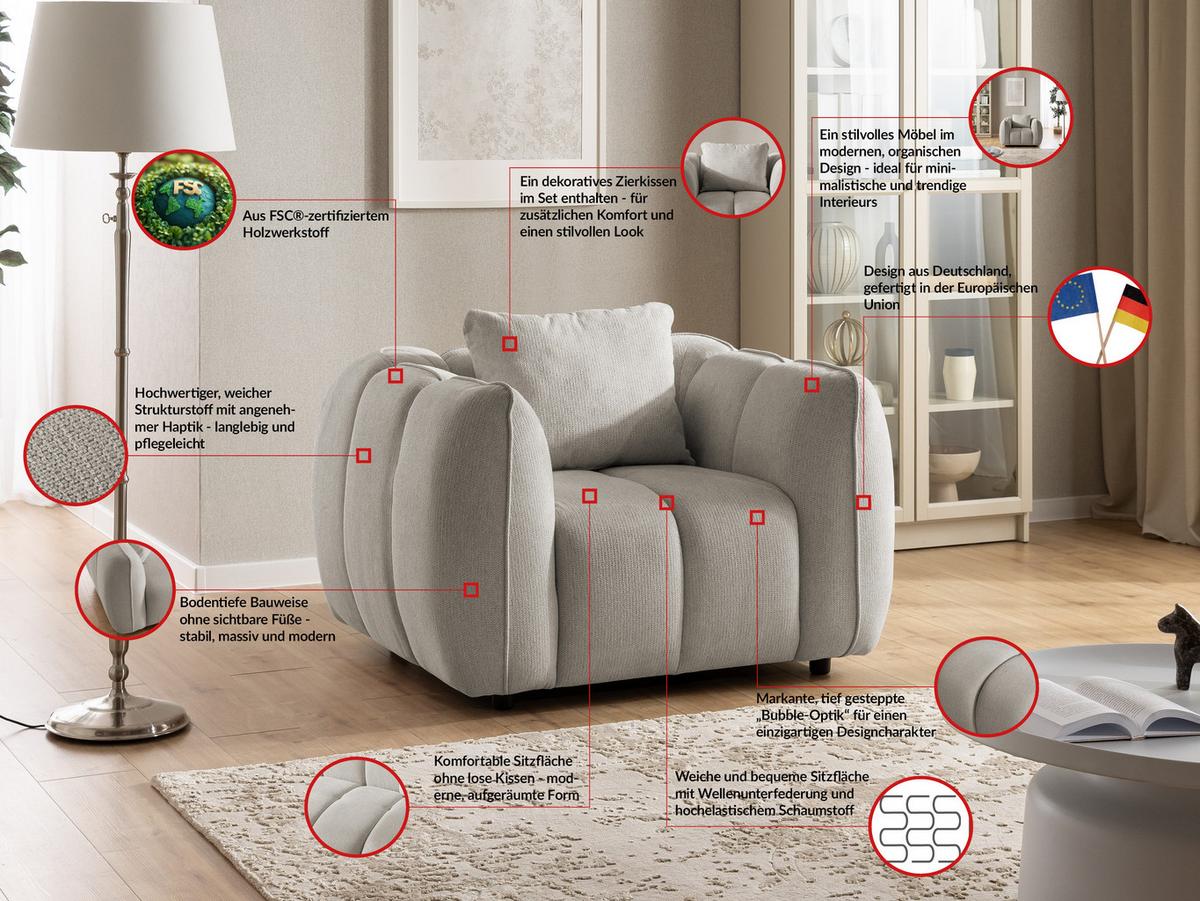 SESSEL Nubira in tief gesteppter Bubble-Optik aus weichem Taupe Strukturstoff im modernen Design - Taupe/Schwarz, Holz/Kunststoff (115/69/89cm) - S-Style Möbel