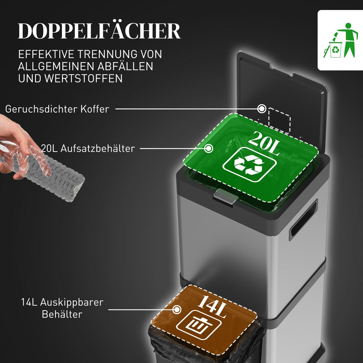 MÜLLEIMER Edelstahl Kunststoff Silber - Silberfarben, Metall (31.5/78/32.5cm) - HOMCOM