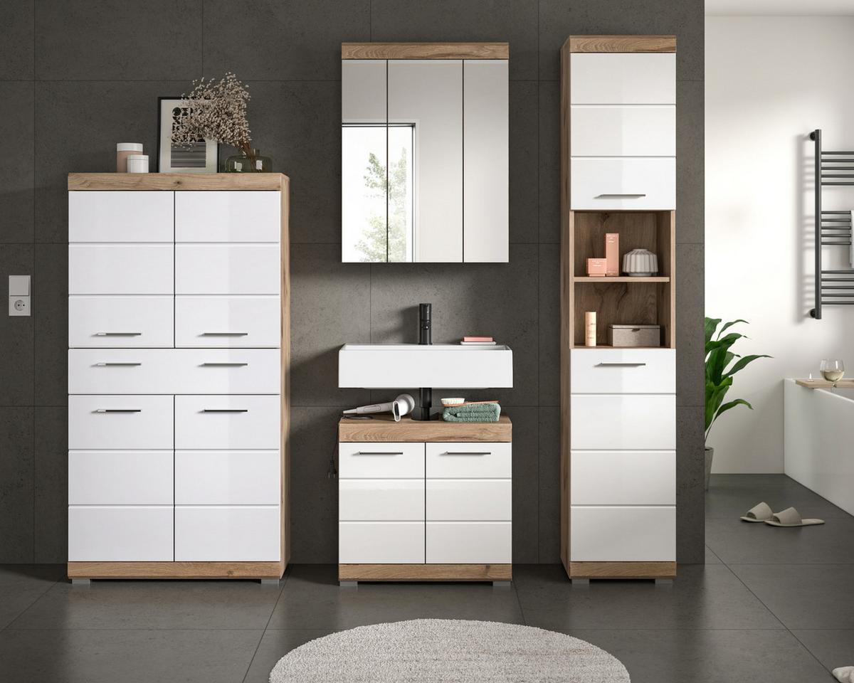 BADMÖBEL-SET weiß Hochglanz, Eiche 4-teilig 200 cm mit viel Stauraum - Weiß Hochglanz/Eichefarben, Glas/Holzwerkstoff (200/191/34cm) - Inn.Furn