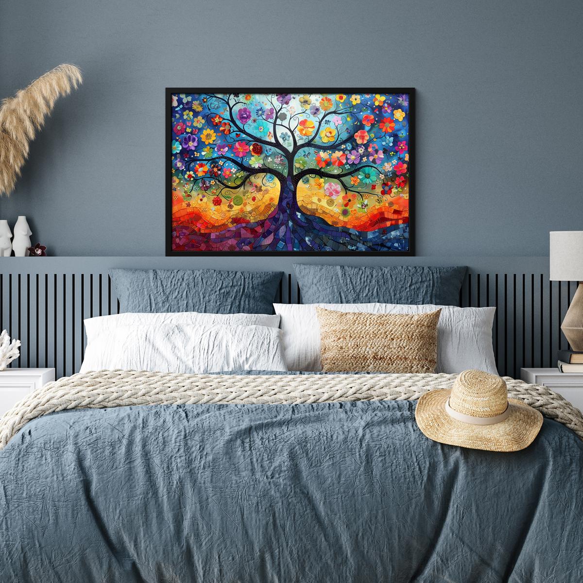 POSTER MIT RAHMENGERAHMTES BILD Kunst - Baum des Lebens - Blumen - Hippie 90x60 cm - Dunkelblau, Papier (90/60cm) - MuchoWow