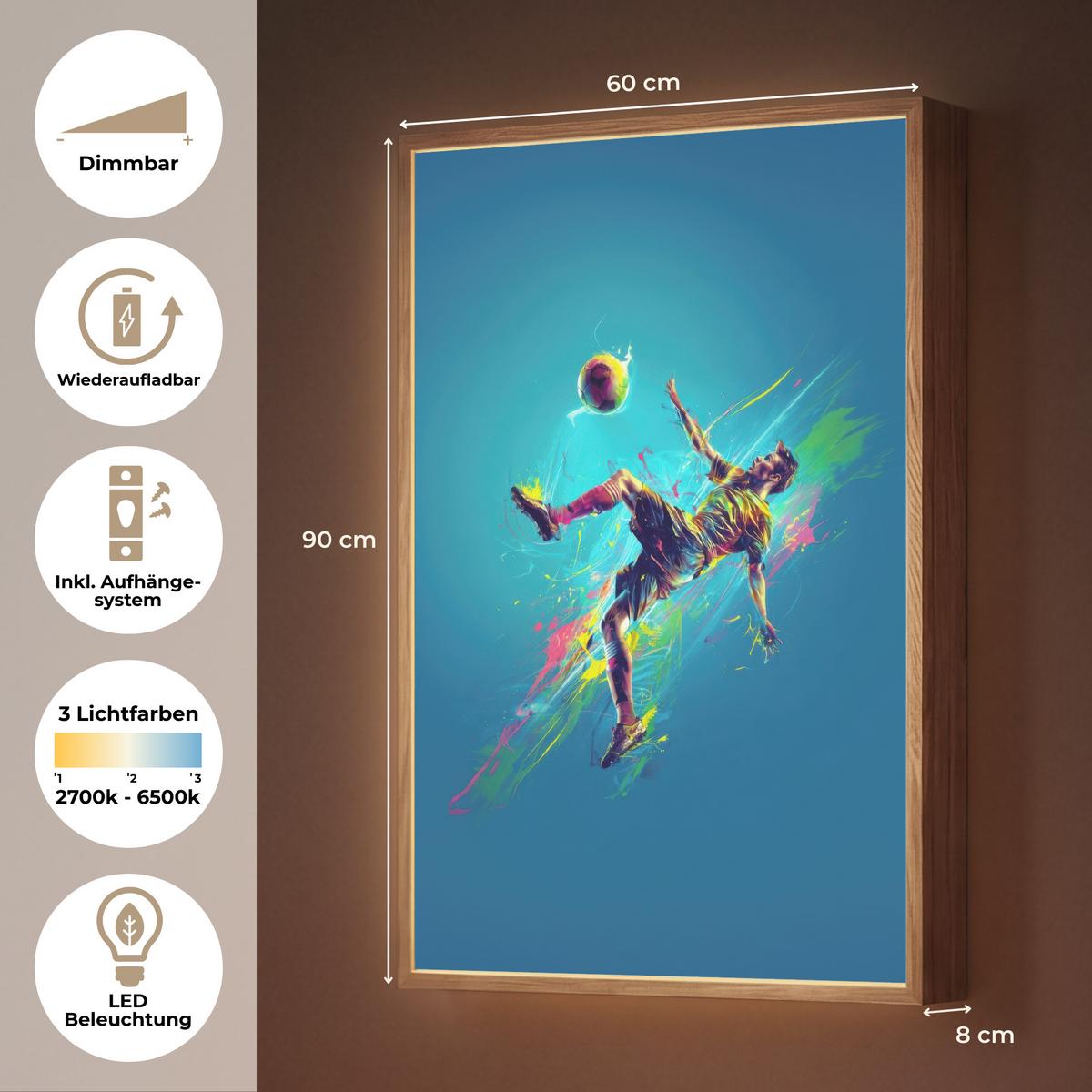 WANDLEUCHTE MIT AKKU Fußballer - Farbspritzer - Farbenfroh - Ball 60x90 cm - Blau, Holzwerkstoff (60/90/8cm) - OnlyWow
