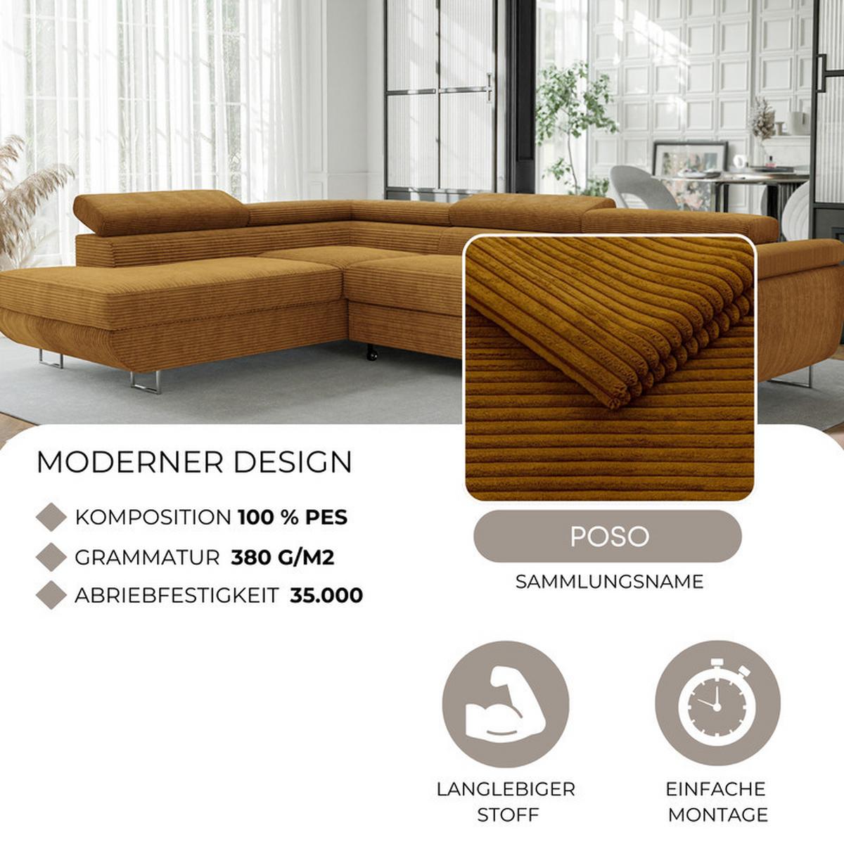 ECKSOFA ANTON links, mit Schlaffunktion und Bettkasten Grau - Chromfarben/Grau, Textil/Metall (274/203cm) - Idohome