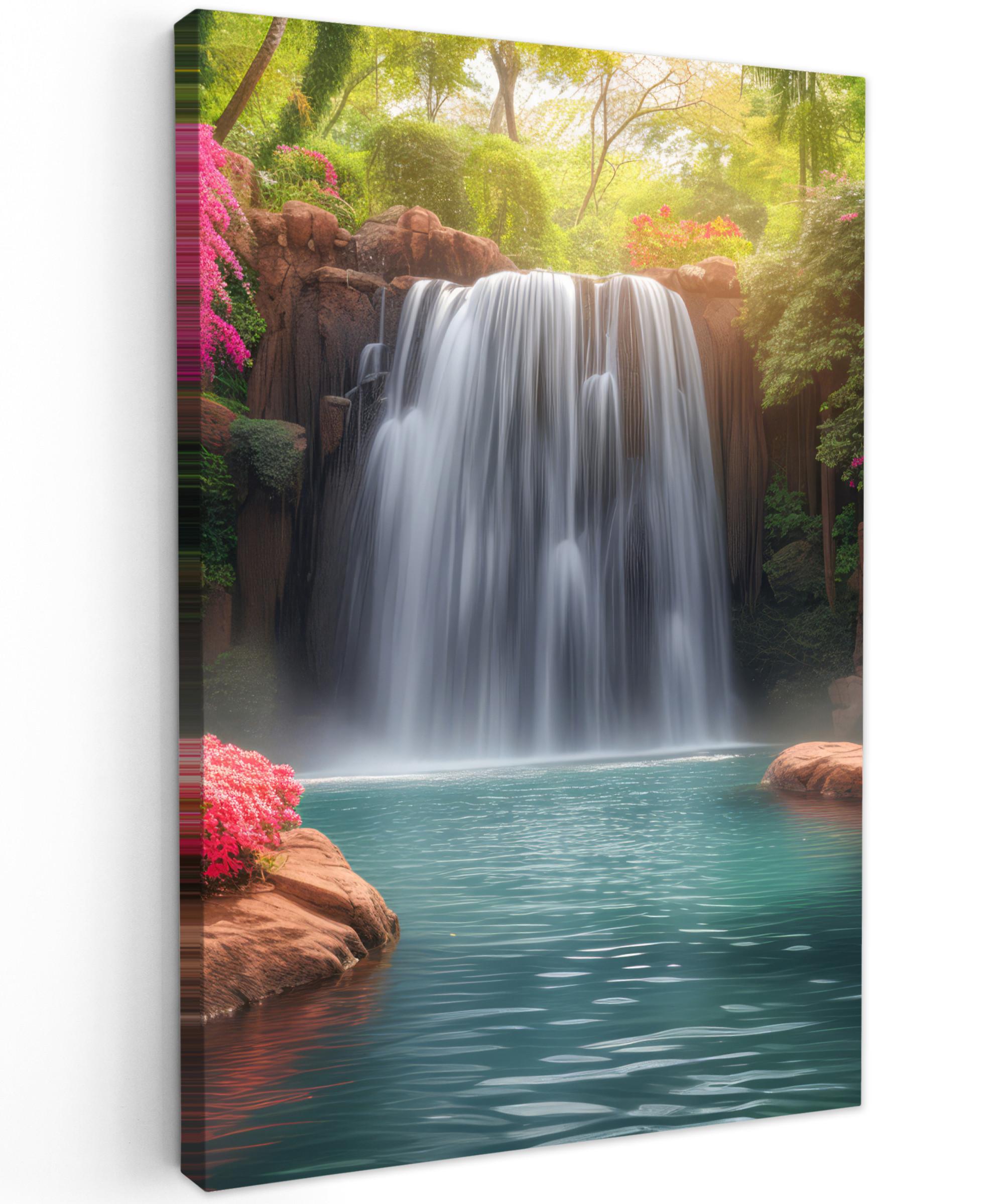 LEINWANDBILD Wasserfall - Natur - Pflanzen - Dschungel - Wasser Deko Groß 90x140 cm - Grün, Textil (90/140cm) - MuchoWow